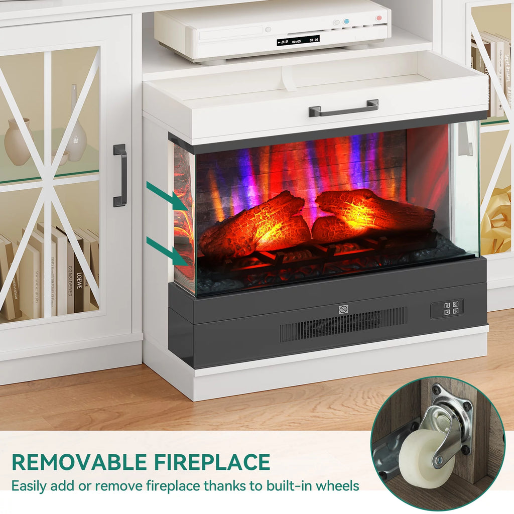 60 Inch White Entertainment Console with Slidable Fireplace and Storage Compartments D481363