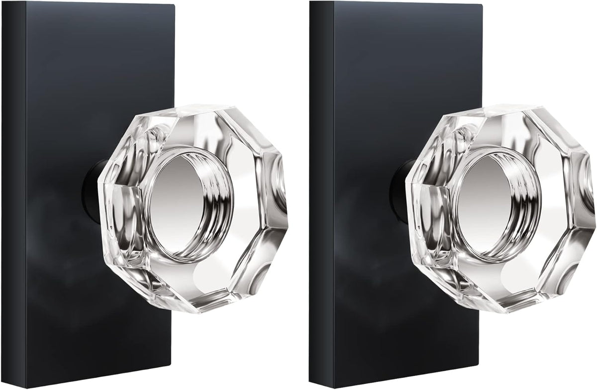 Matte Black Clear Glass Crystal Door Knobs with Lock, Octagon, Pack of 2 Y3599