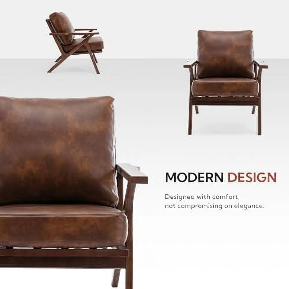 Brown Faux Leather Accent Chair with Wooden Frame U319164