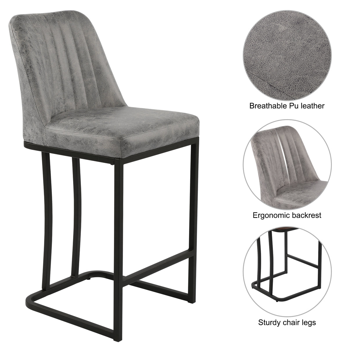 Gray PU Leather Bar Stool with Backrest, Set of 2 O40174