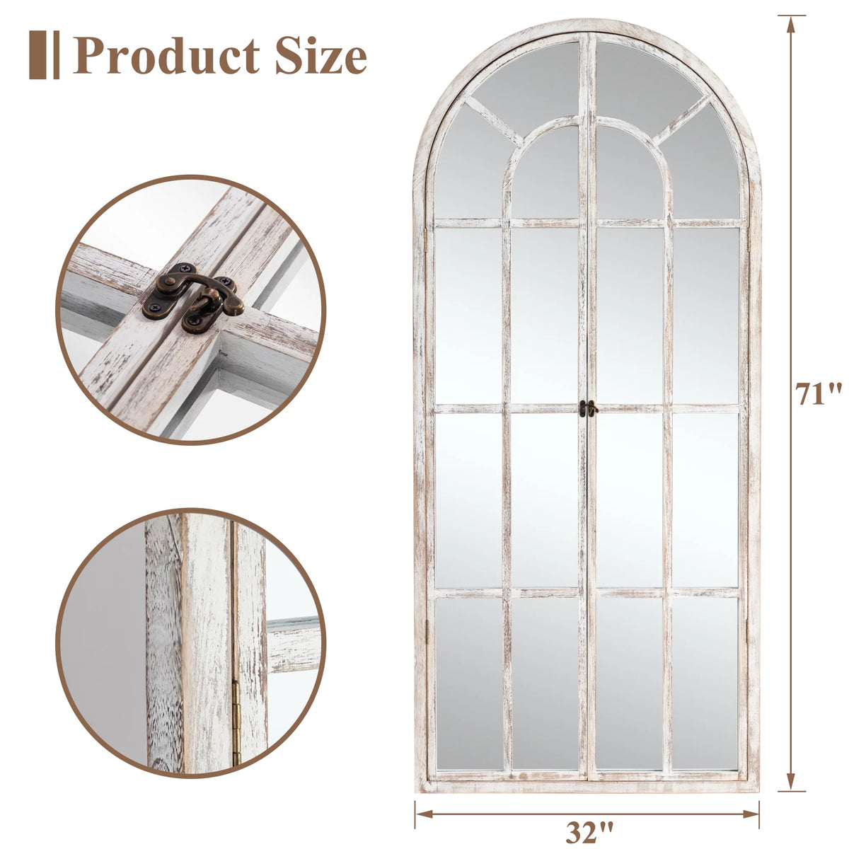 71"x32" Weathered White Arched Foldable Full Length Floor Mirror U72212