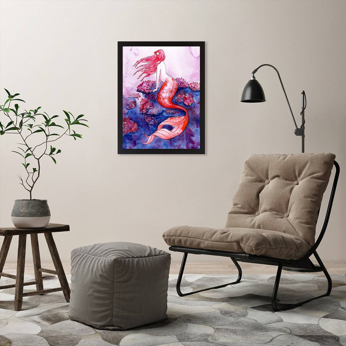 Red Coral Mermaid Black Frame 11x22x14x22 O42367