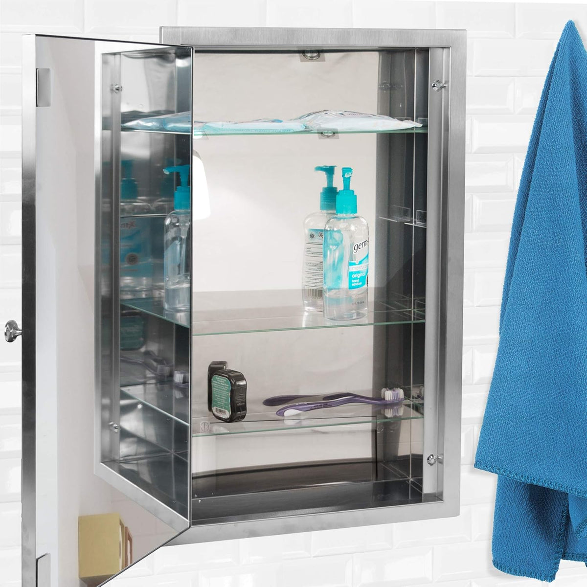 Brushed Nickel Recessed Medicine Cabinet Mirror with Beveled Edge and Adjustable Shelves 16"x26" N6126