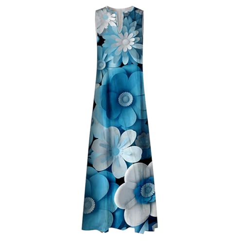 Boho Floral Print Crew Neck Sleeveless Swing Sundresses with Pockets H87078