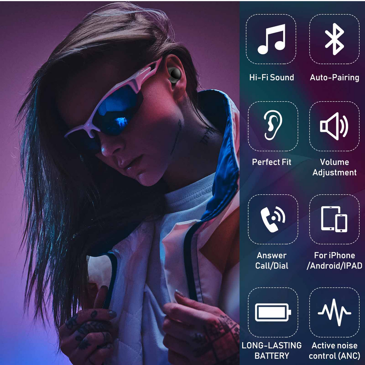 Black True Wireless Earbuds with Active Noise Cancelling Charging Case T8025
