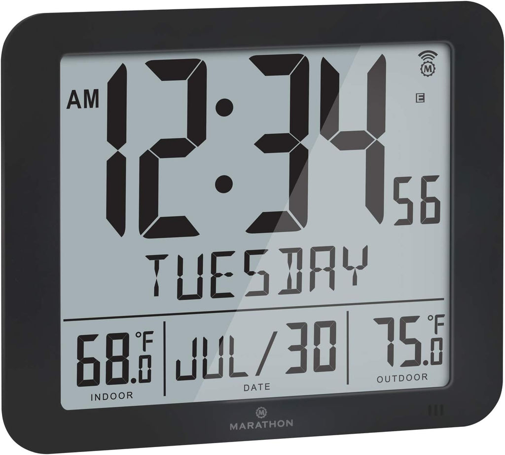 Graphite Grey Slim Atomic Wall Clock with Indoor/Outdoor Temperature and Full Calendar M9956