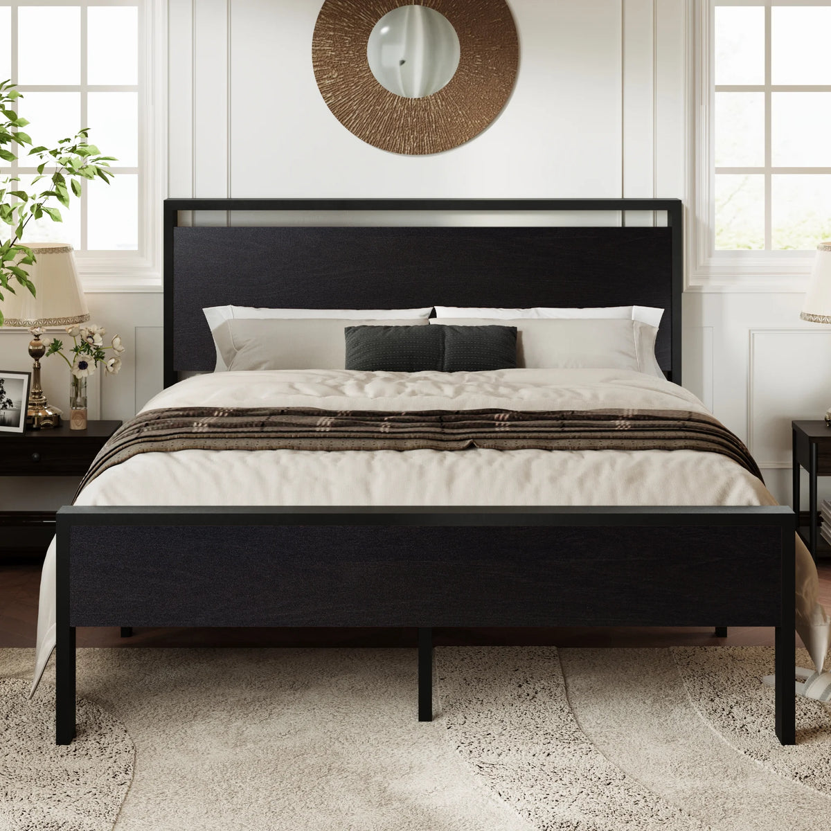 Walnut King Size Platform Bed Frame with Wood Headboard Z86209