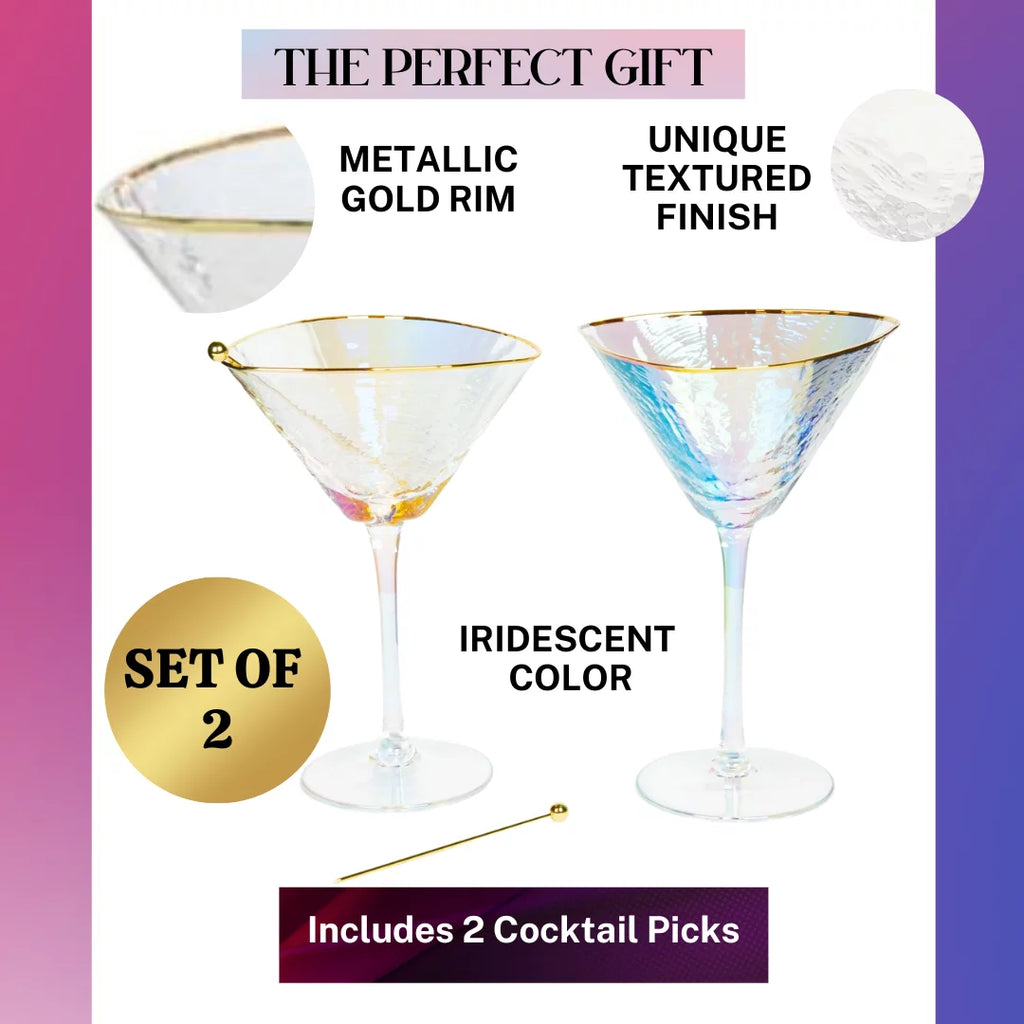 Iridescent Handmade Hammered Martini Glasses with Gold Rim Set of 2 S33368