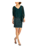 Green Sequined Beaded Asymmetrical Overlay 3/4 Sleeve V Neck Sheath Dress U81494