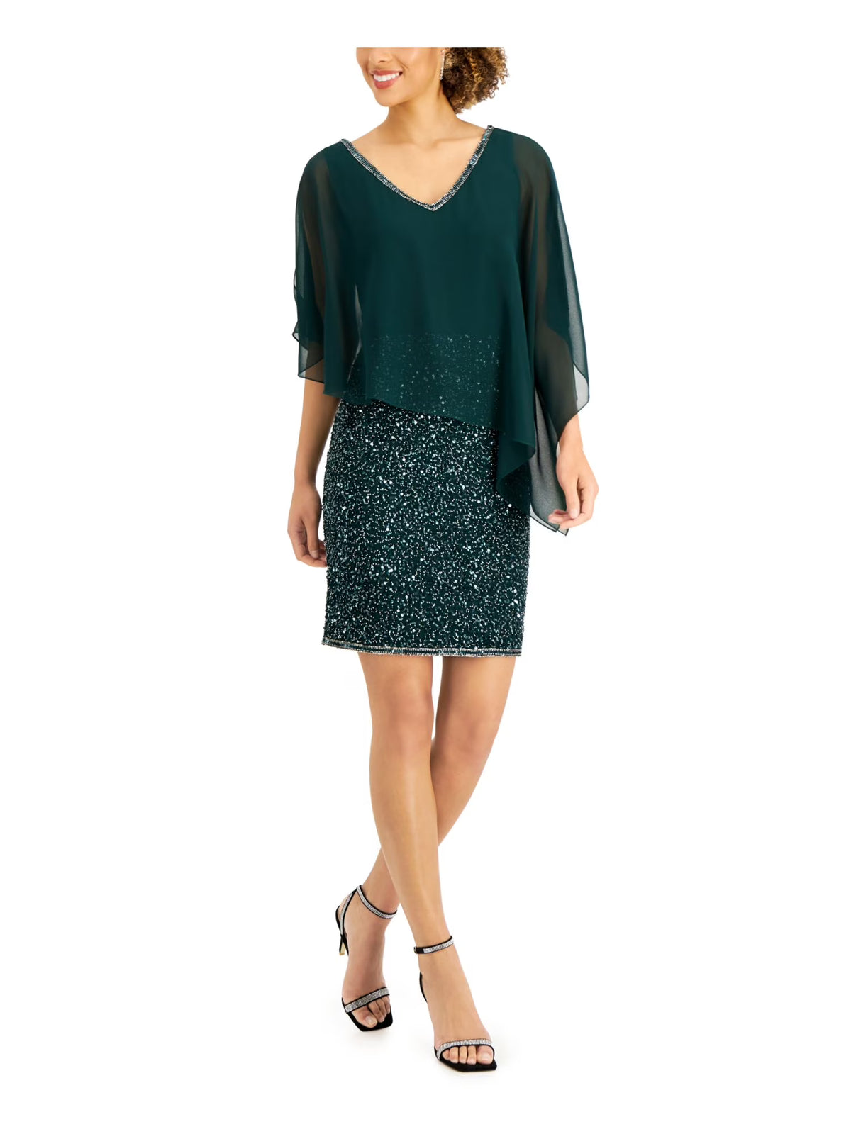 Green Sequined Beaded Asymmetrical Overlay 3/4 Sleeve V Neck Sheath Dress U81494