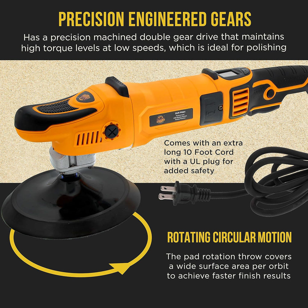7 Rotary Polisher Buffer Sander with LED Screen Variable Speed RPM Control, 1200 Watts, 2 Buffing Polishing Pads V497456