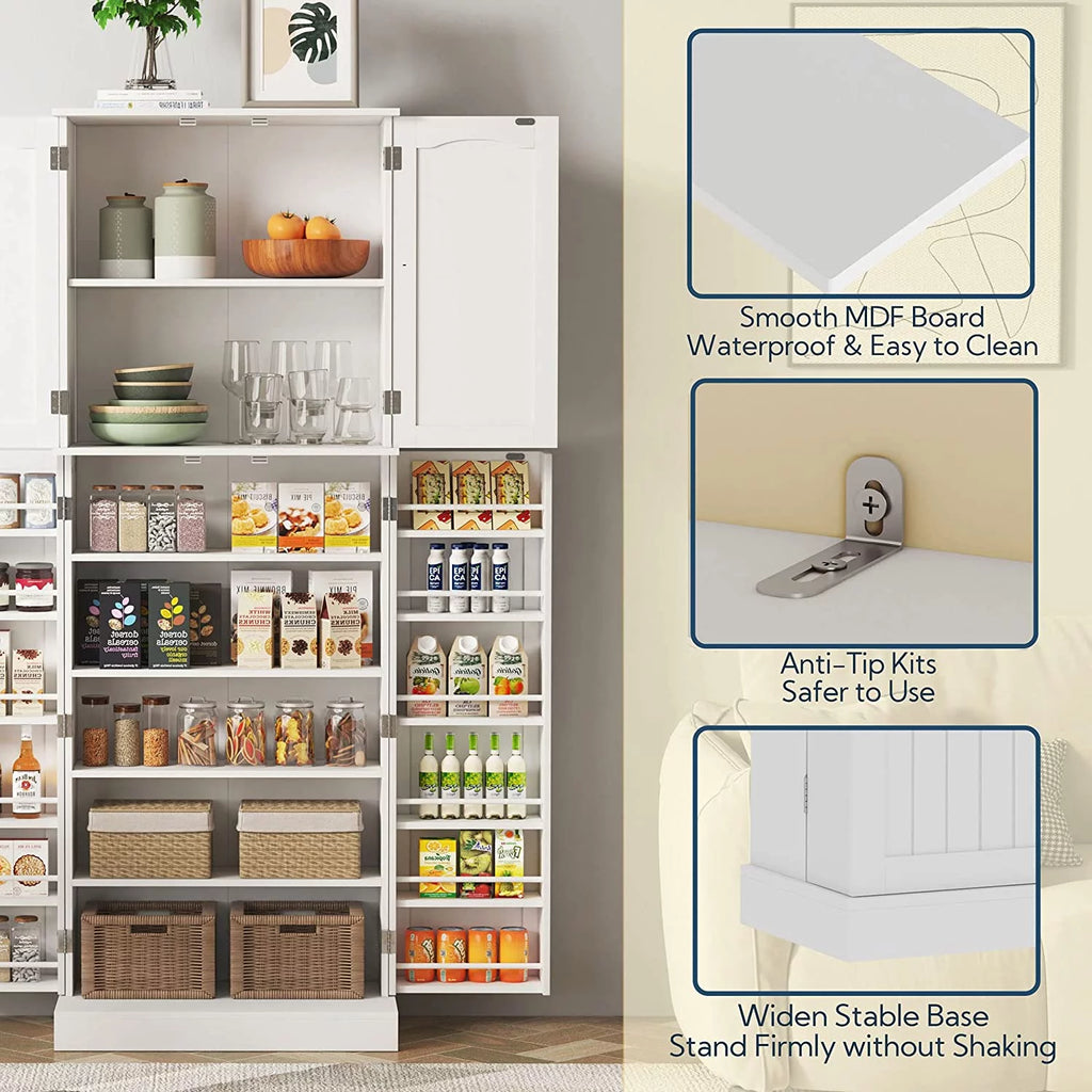 White Tall Kitchen Pantry Storage Cabinet with Doors and Shelves D406