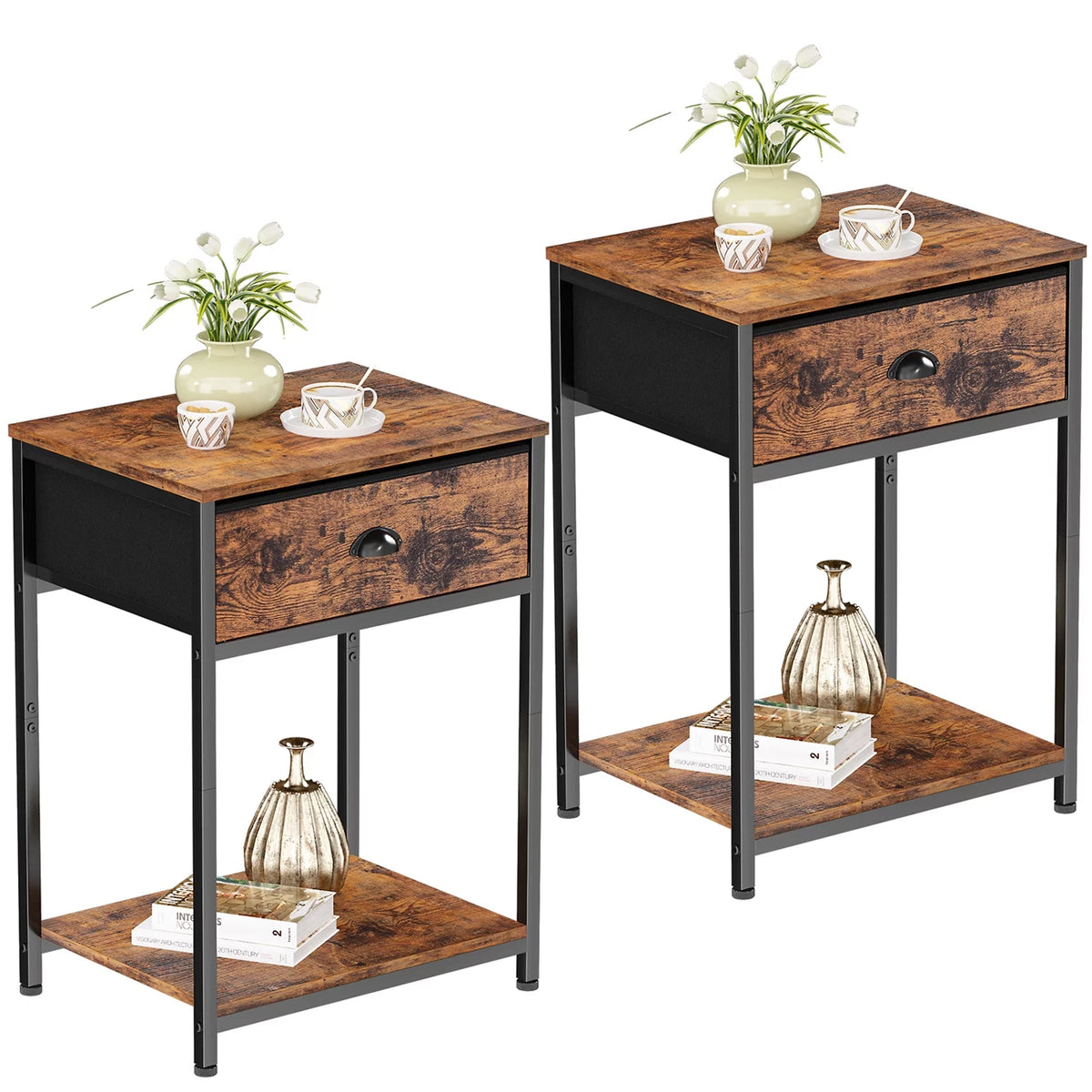 Set of 2 Nightstands with Fabric Drawer and Storage Shelf N30162