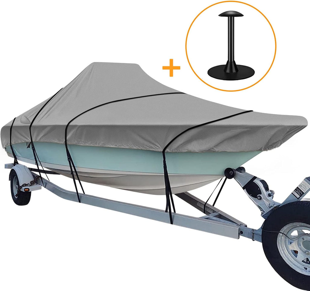 Trailerable Boat Cover, 600D Heavy Duty, Fits V-Hull Center Console Boat 17ft-19ft Long, Beam Width up to 96in, Support Pole Included H230