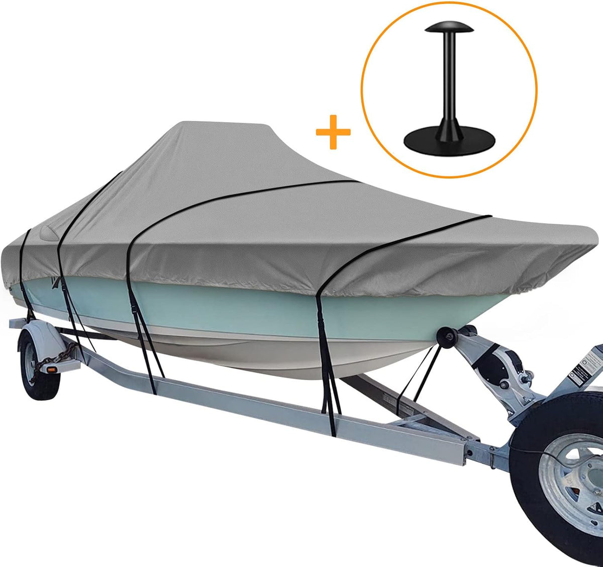 Trailerable Boat Cover, 600D Heavy Duty, Fits V-Hull Center Console Boat 17ft-19ft Long, Beam Width up to 96in, Support Pole Included H230