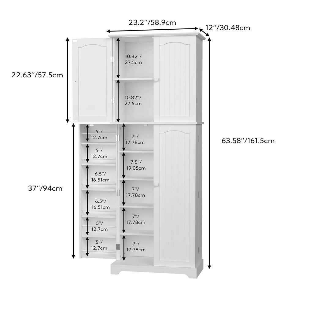 White Tall Kitchen Pantry Storage Cabinet with Doors and Shelves D406