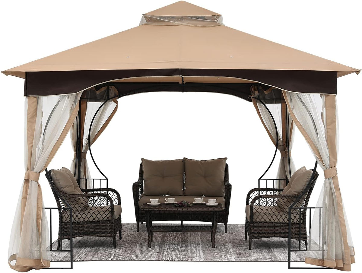 11x13 Patio Gazebo with Netting Screen Walls Beige M995