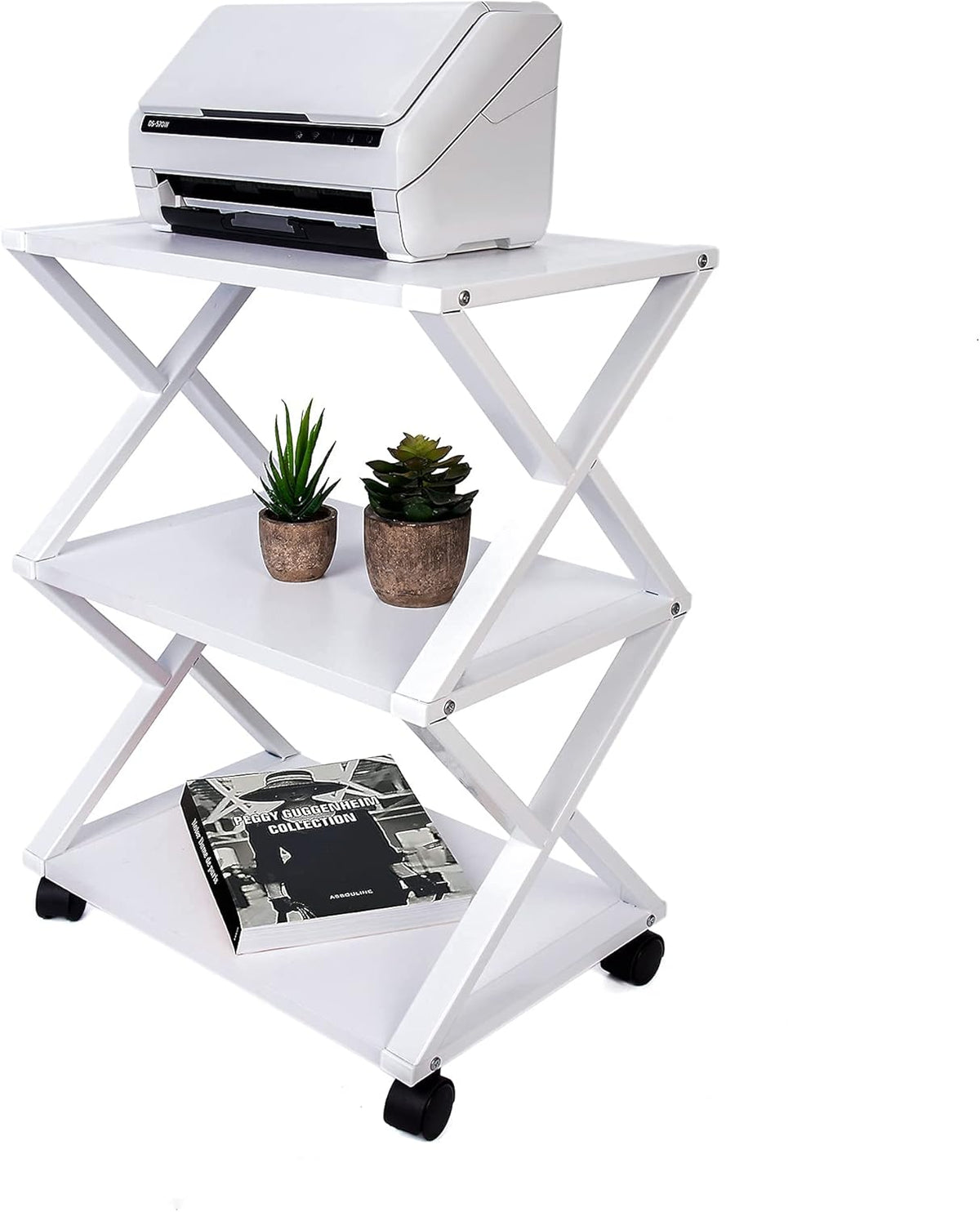 White 3 Tiers Printer Stand Cart with Storage Shelf on Wheels K517647