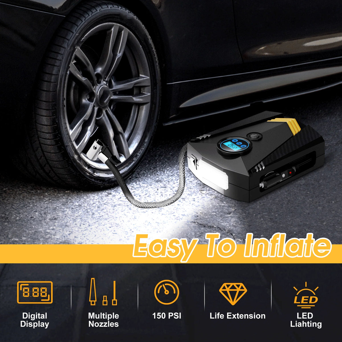 Portable 12V DC 150PSI Air Compressor Tire Inflator with LED Light Gauge R40752