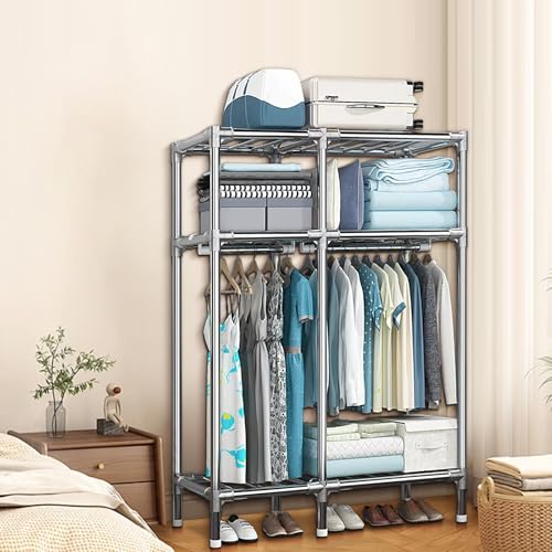 Metal Wardrobe Closet with 2 Hanging Rods, Storage Shelves (43.3 x 17.7 x 67 Inches) A972