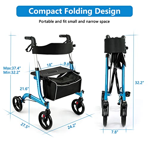 Champagne Lightweight Aluminium Folding Rollator Walker with Seat and 8-inch Wheels B642083