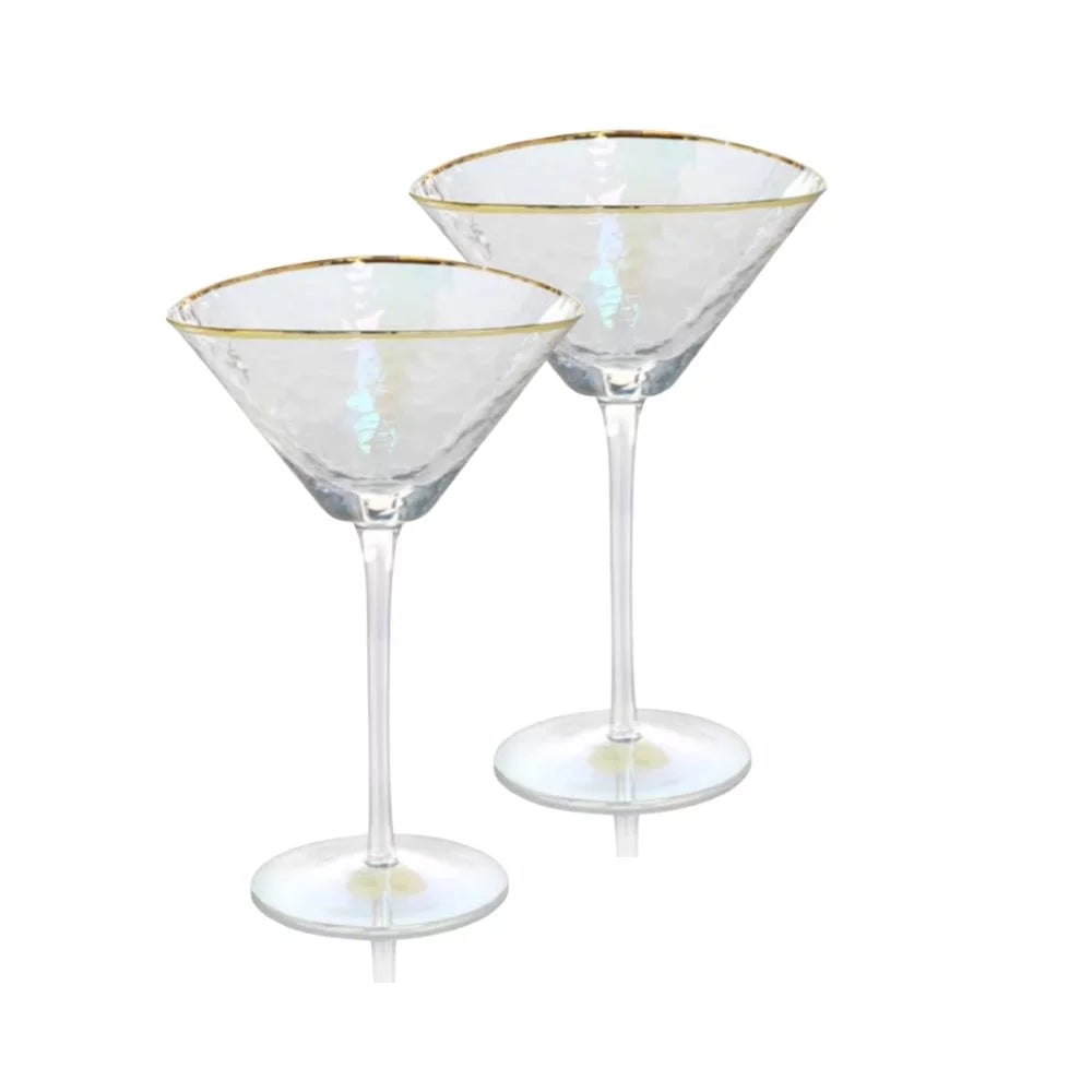 Iridescent Handmade Hammered Martini Glasses with Gold Rim Set of 2 S33368
