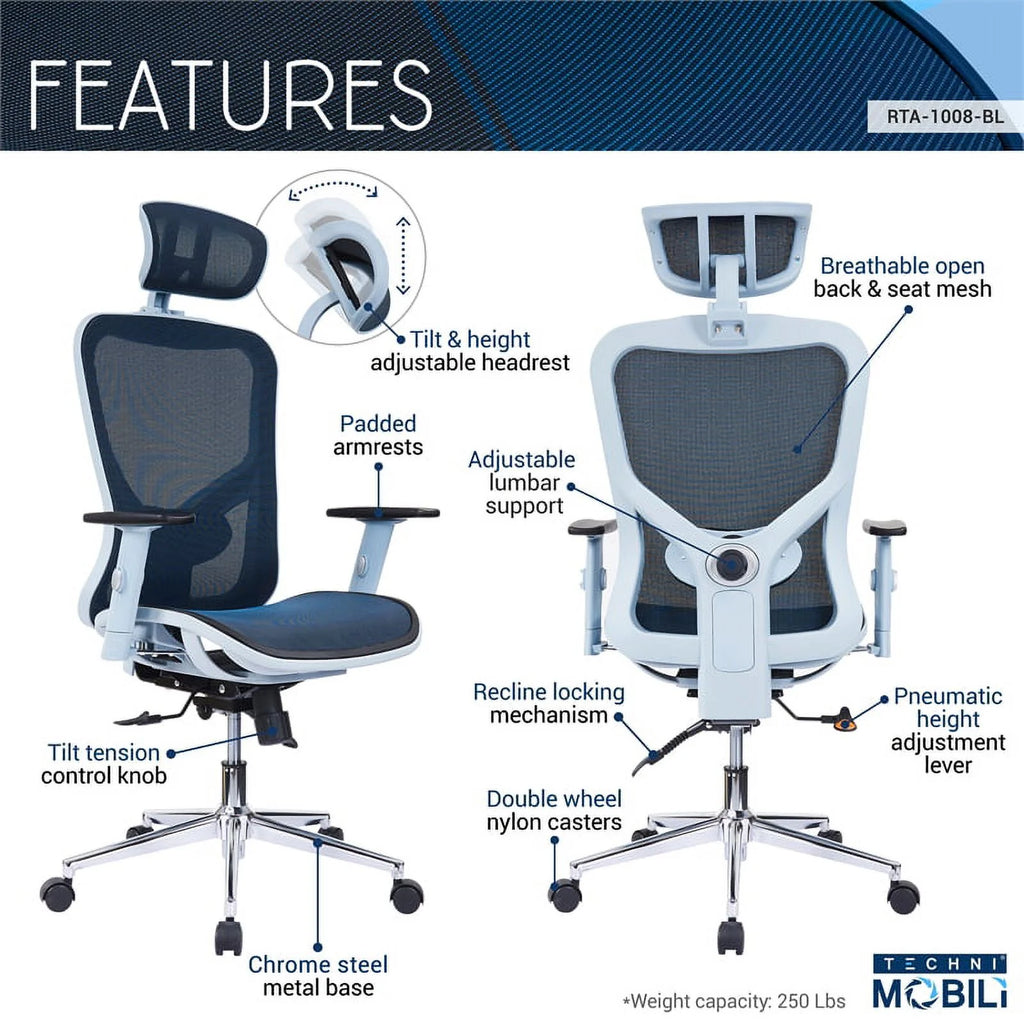 Blue Fabric Mesh Office Chair with Arms M387730