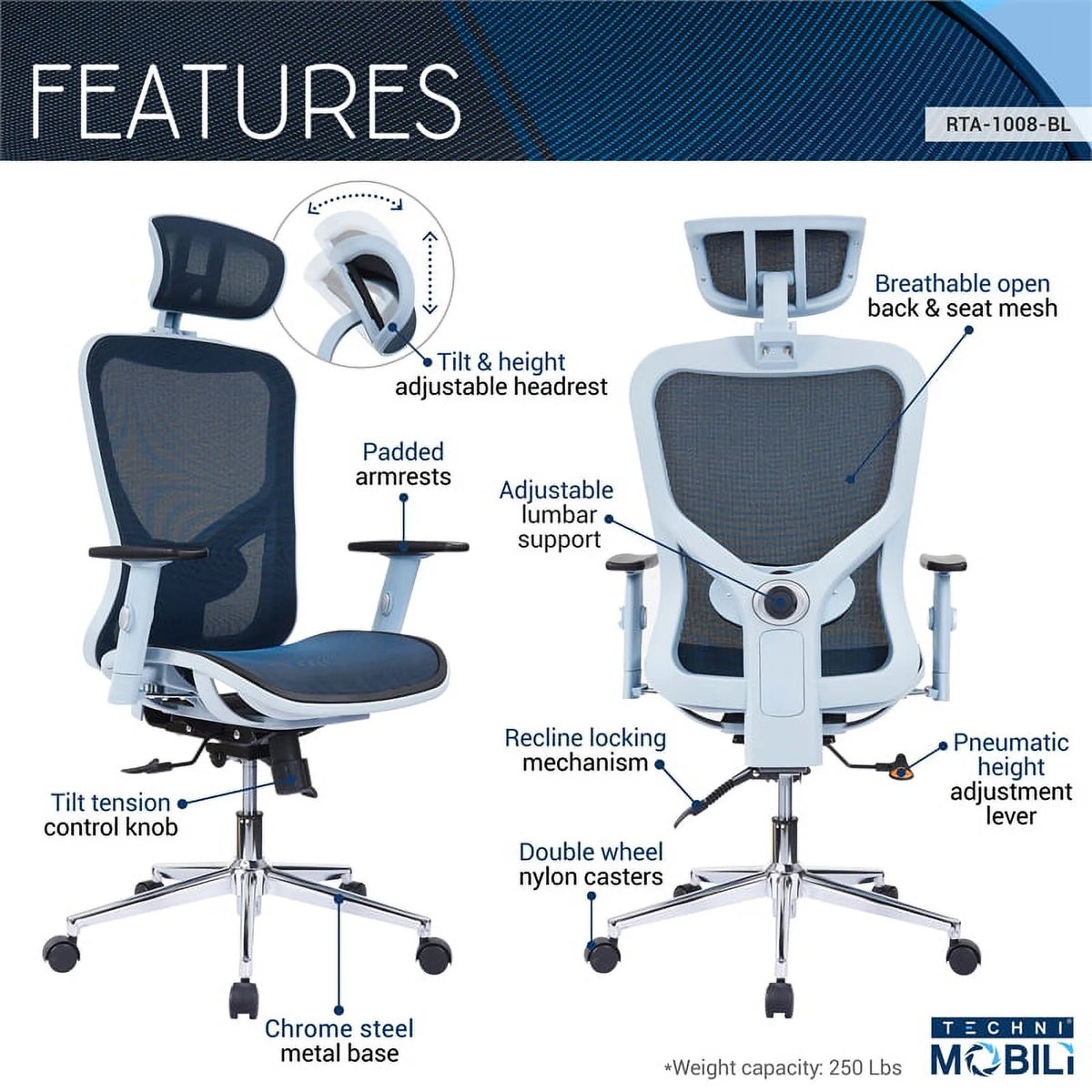 Blue Fabric Mesh Office Chair with Arms M387730