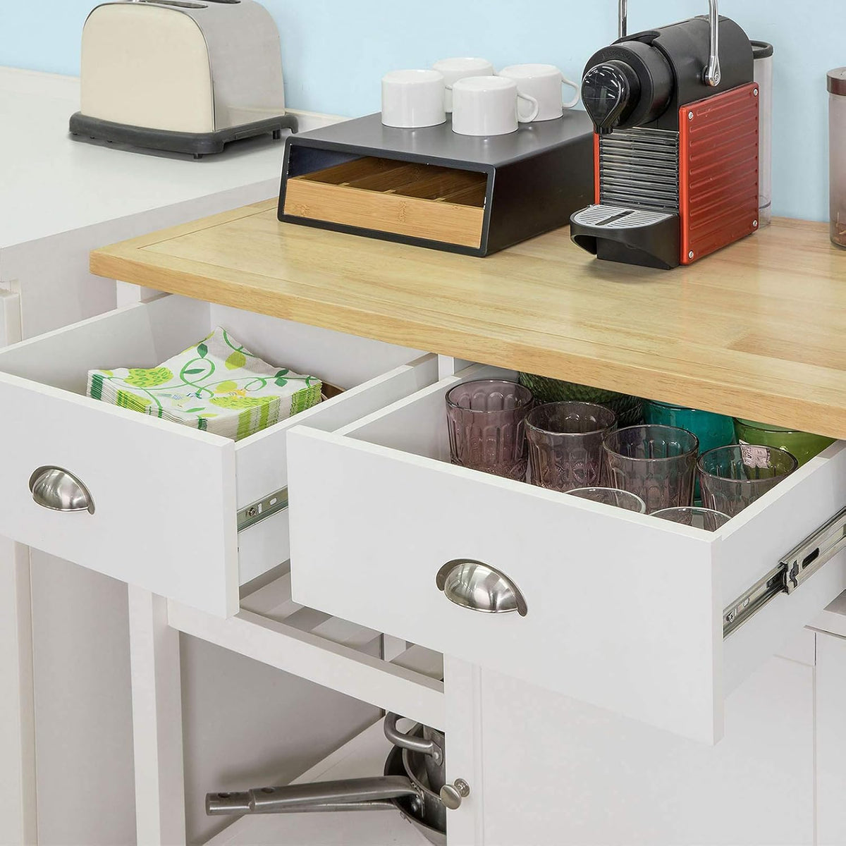 Kitchen Cart with Rubber Wood Top and Wide Drawer W28836