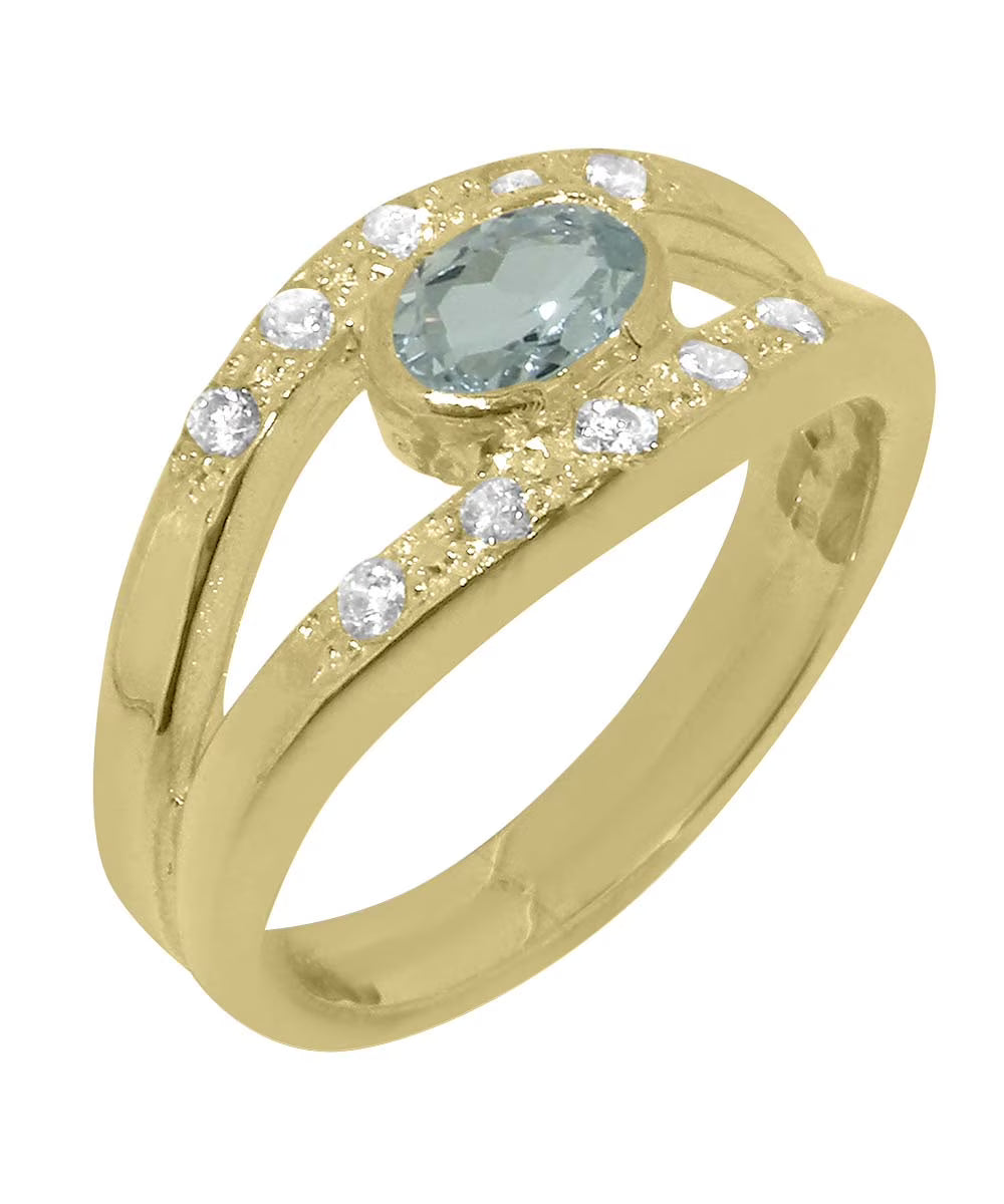 14k Yellow Gold Natural Aquamarine & Diamond Band Ring D2950