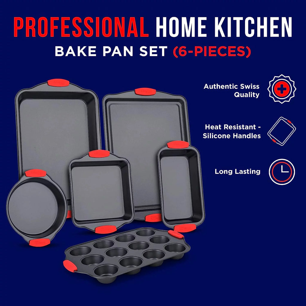 6 Piece Non-Stick Carbon Steel Bakeware Set with Red Silicone Handles R3043