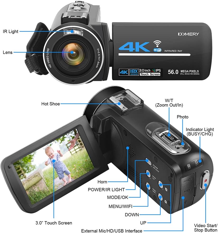 4K 56MP UHD Video Camera Camcorder with 32G SD Card IR Night Vision 18X Digital Zoom WiFi U184298