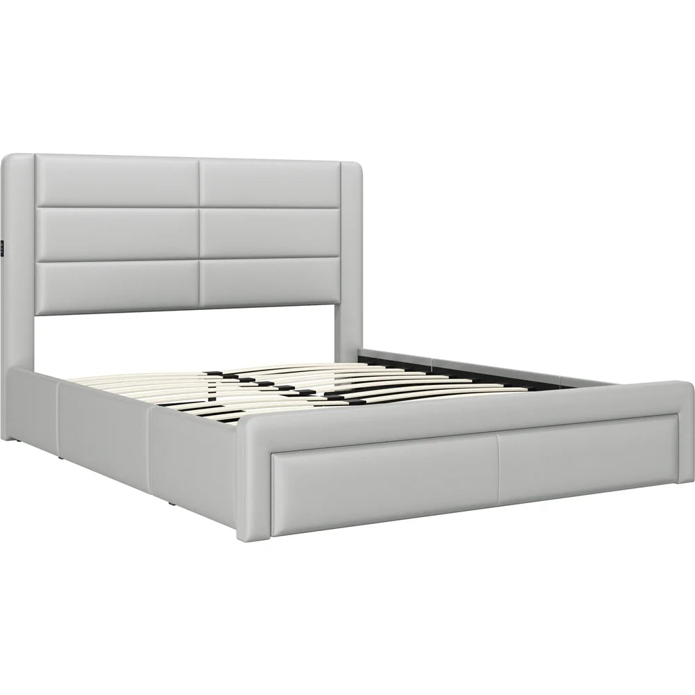Upholstered Queen Bed with 3 Storage Drawers and USB Ports N119