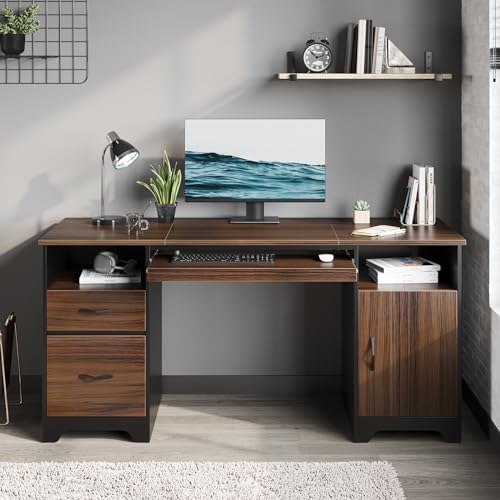 59" Executive Desk with 2 Drawers, Storage Cabinet, File Drawer, Keyboard Tray & 2 Pedestals, Cherry Q46581