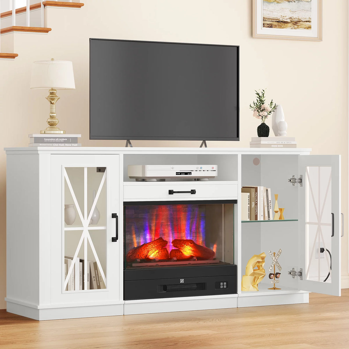 60 Inch White Entertainment Console with Slidable Fireplace and Storage Compartments D481363