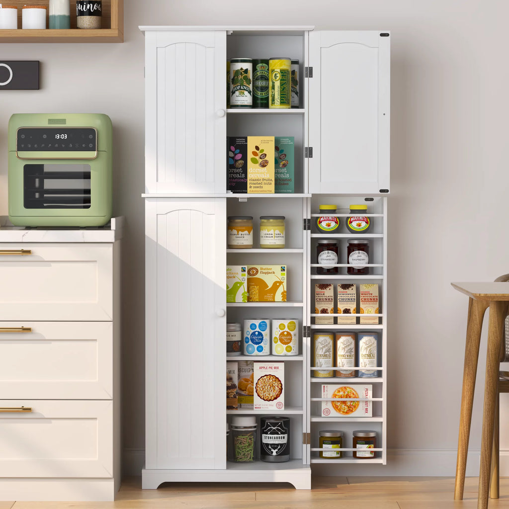White Tall Kitchen Pantry Storage Cabinet with Doors and Shelves D406