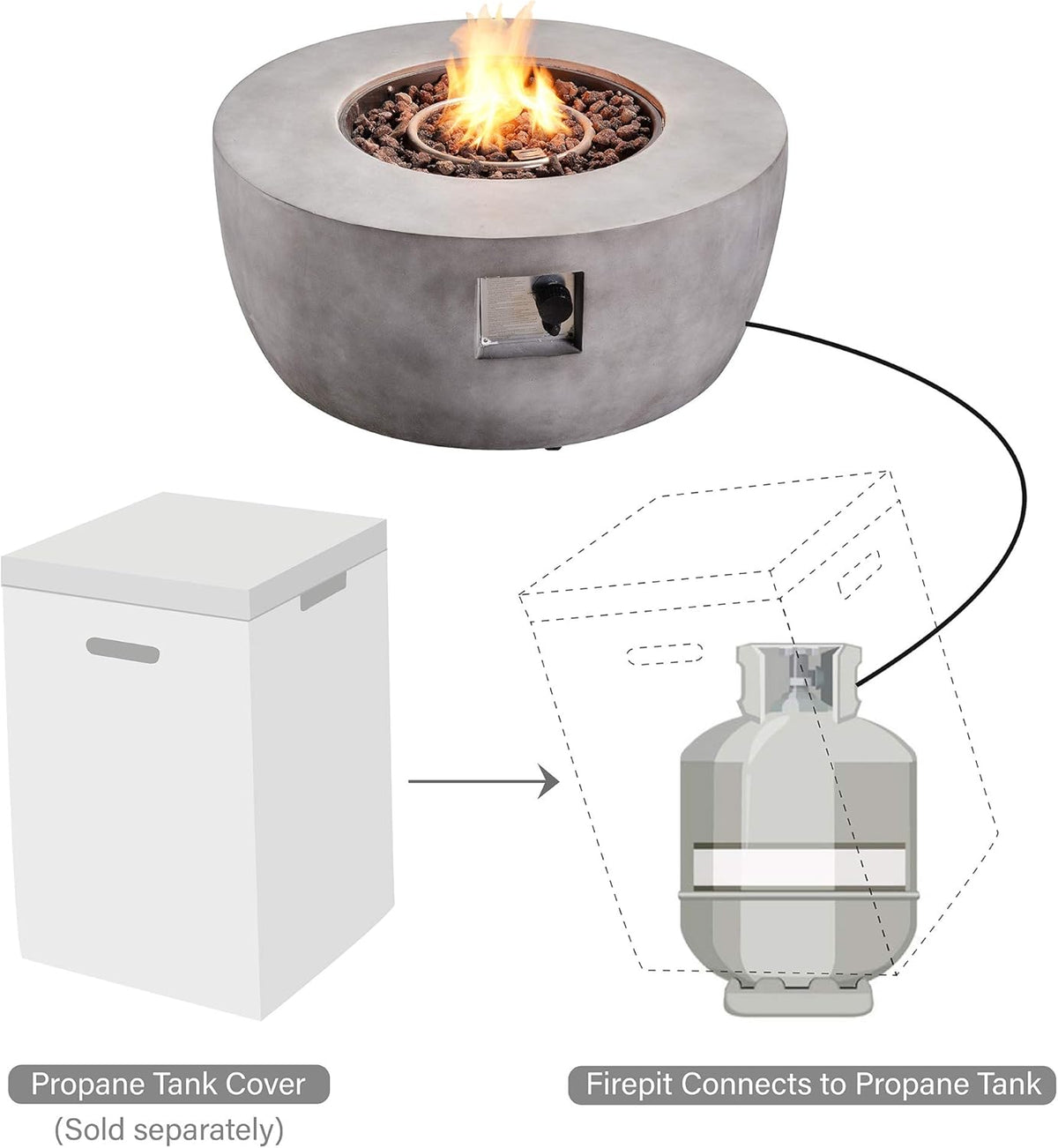 Concrete Propane Gas Fire Pit Table with PVC Cover and Lava Rocks, 50,000 BTU, 36 inch, Light Gray S338962