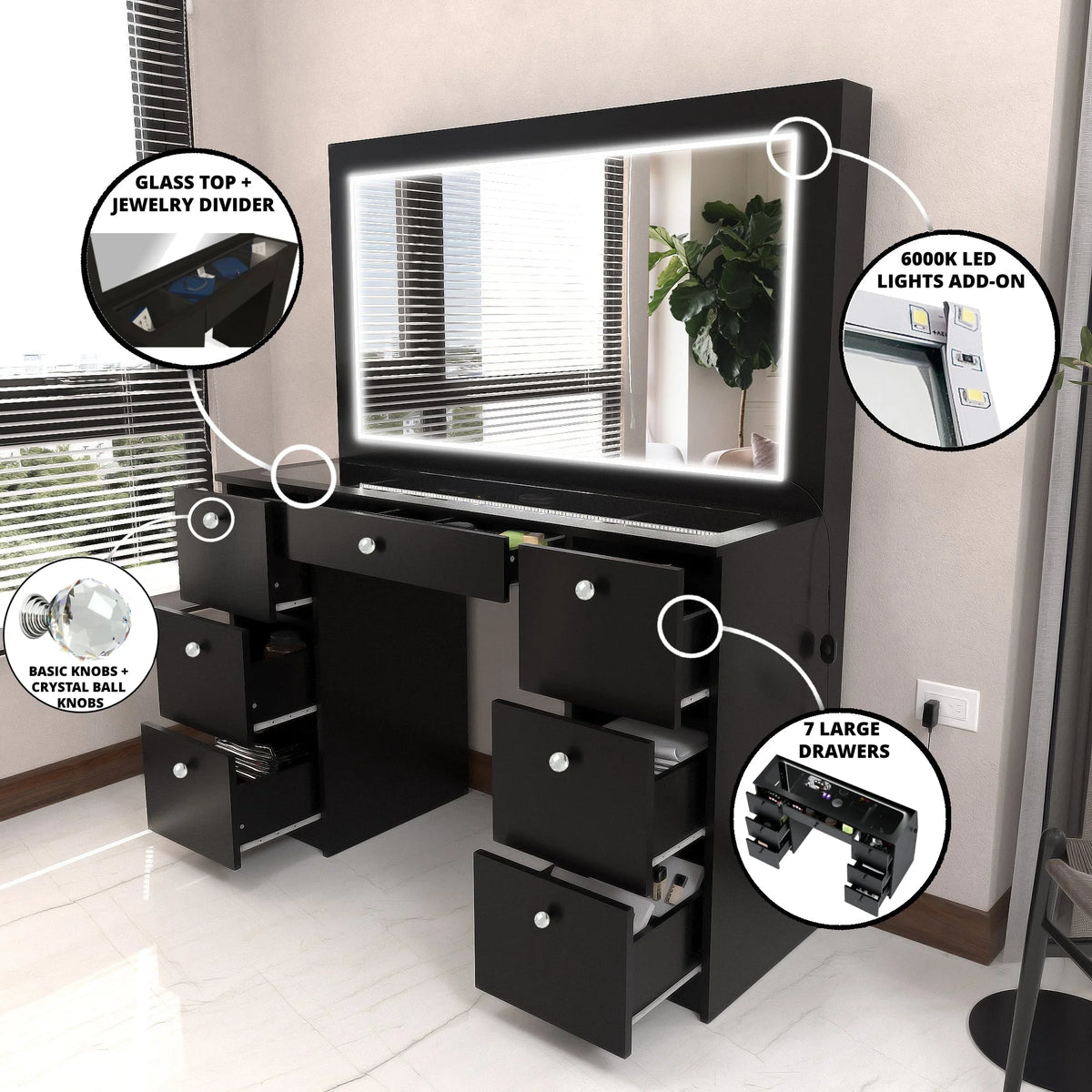 Black Vanity Desk with LED Lights, 7 Drawers, Mirror Y158