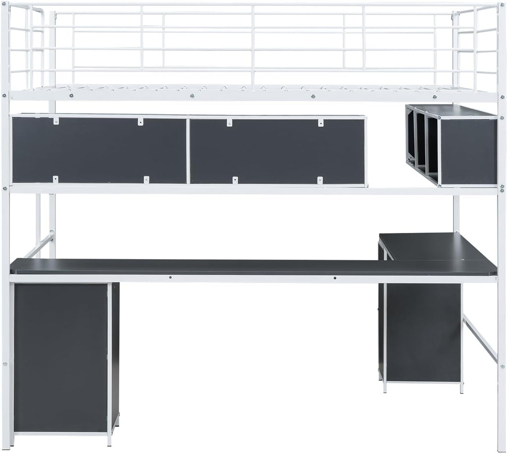 Full Size Metal Loft Bed with Bookcase and Desk E54133