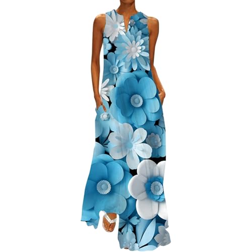 Boho Floral Print Crew Neck Sleeveless Swing Sundresses with Pockets H87078