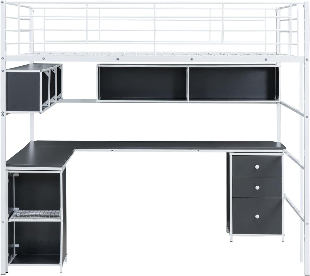 Full Size Metal Loft Bed with Bookcase and Desk E54133