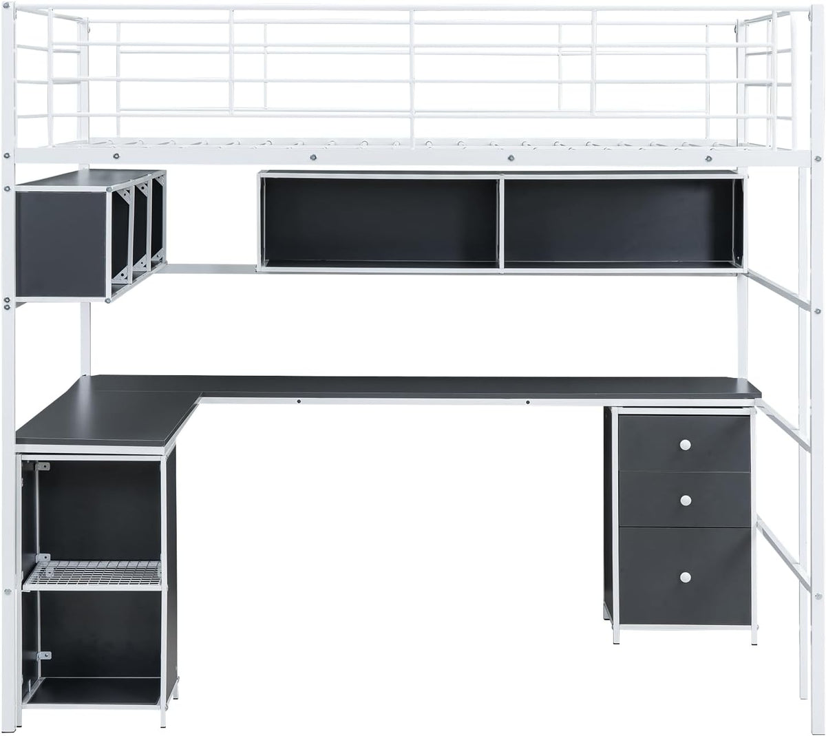 Full Size Metal Loft Bed with Bookcase and Desk E54133