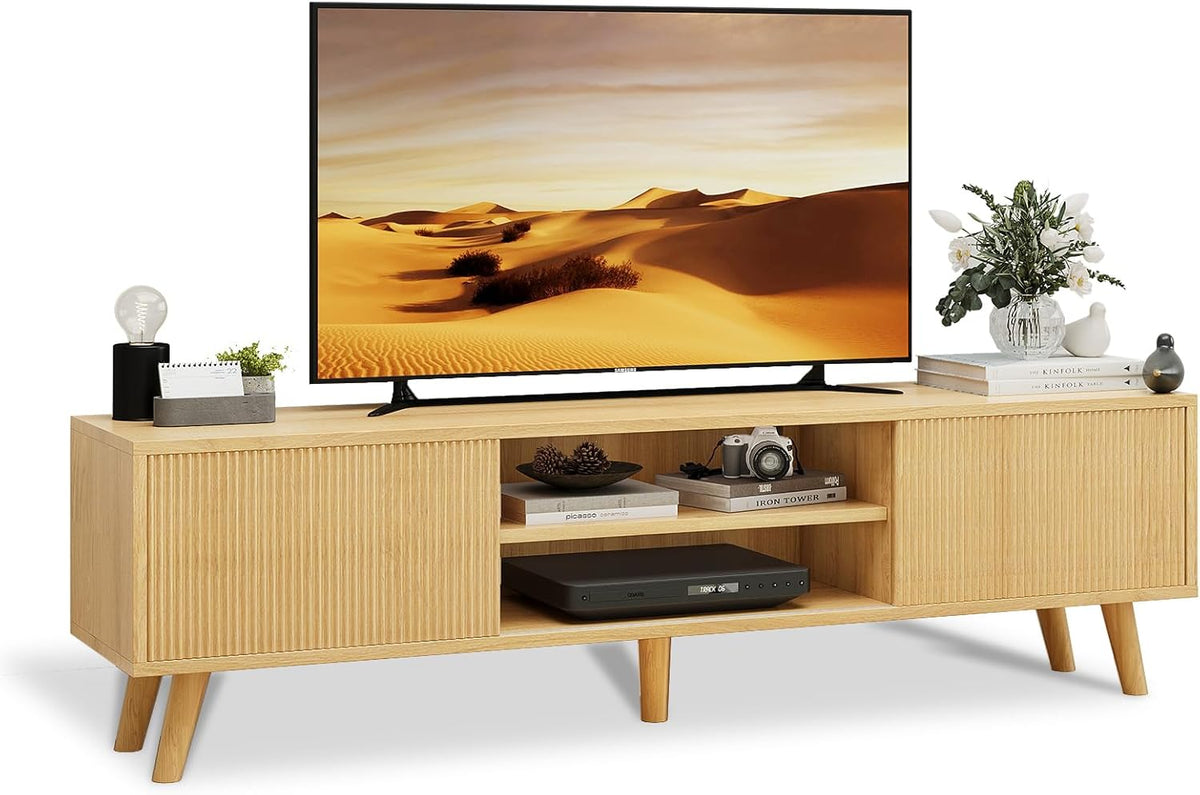Natural Wood TV Stand with Fluted Sliding Doors W1890