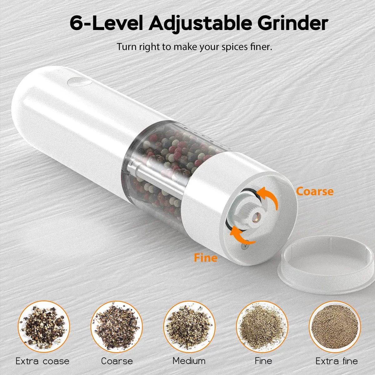 Electric Salt and Pepper Grinder Set Rechargeable 6-Level Adjustable Coarseness LED 46g Z82811