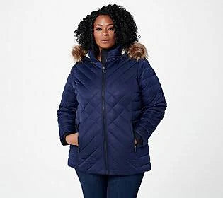 Dark Blue Stretch Mixed Quilted Puffer Coat with Faux Fur Hood, Size X-Small M1319