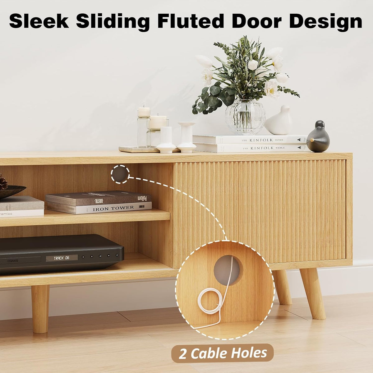 Natural Wood TV Stand with Fluted Sliding Doors W1890