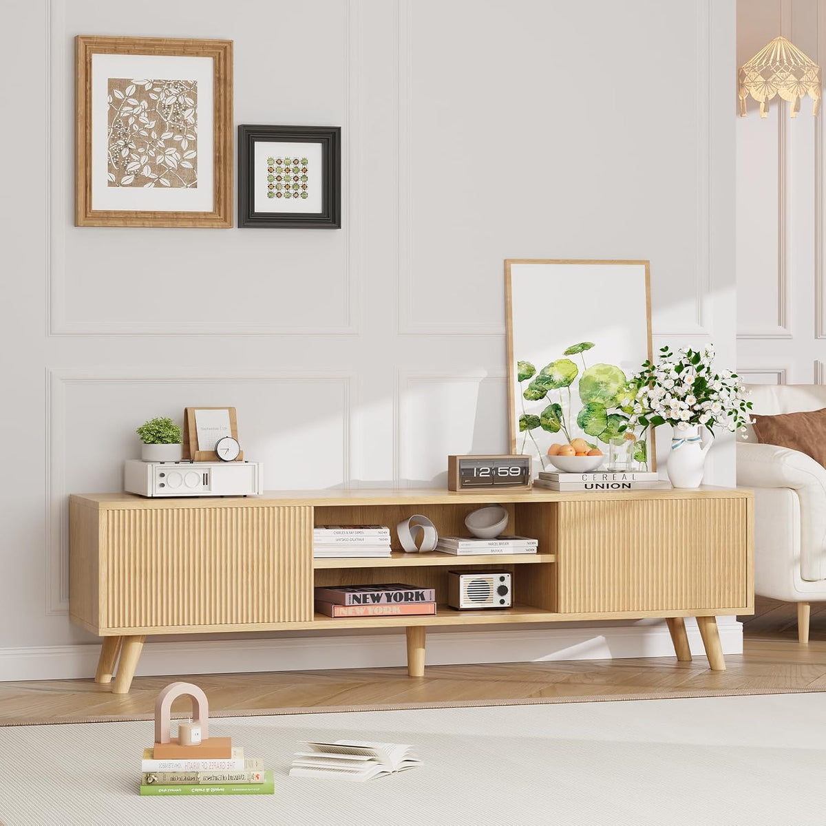 Natural Wood TV Stand with Fluted Sliding Doors W1890
