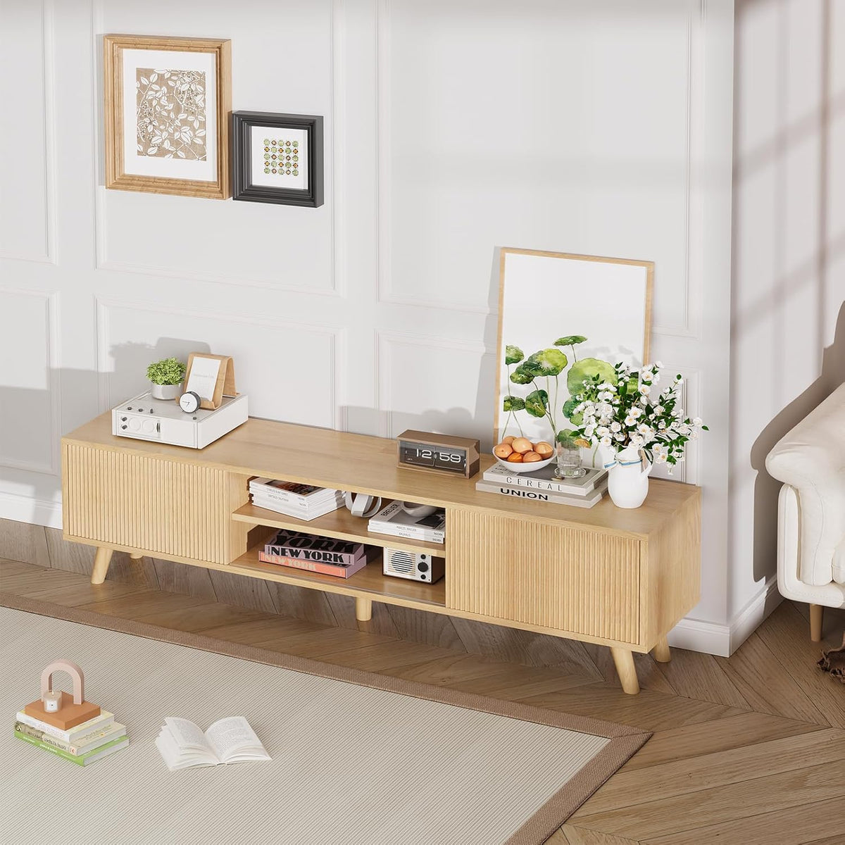 Natural Wood TV Stand with Fluted Sliding Doors W1890