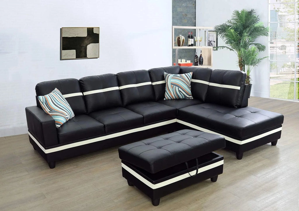 Black Leather 3-Piece L-Shaped Sectional Sofa Set with Ottoman I304507