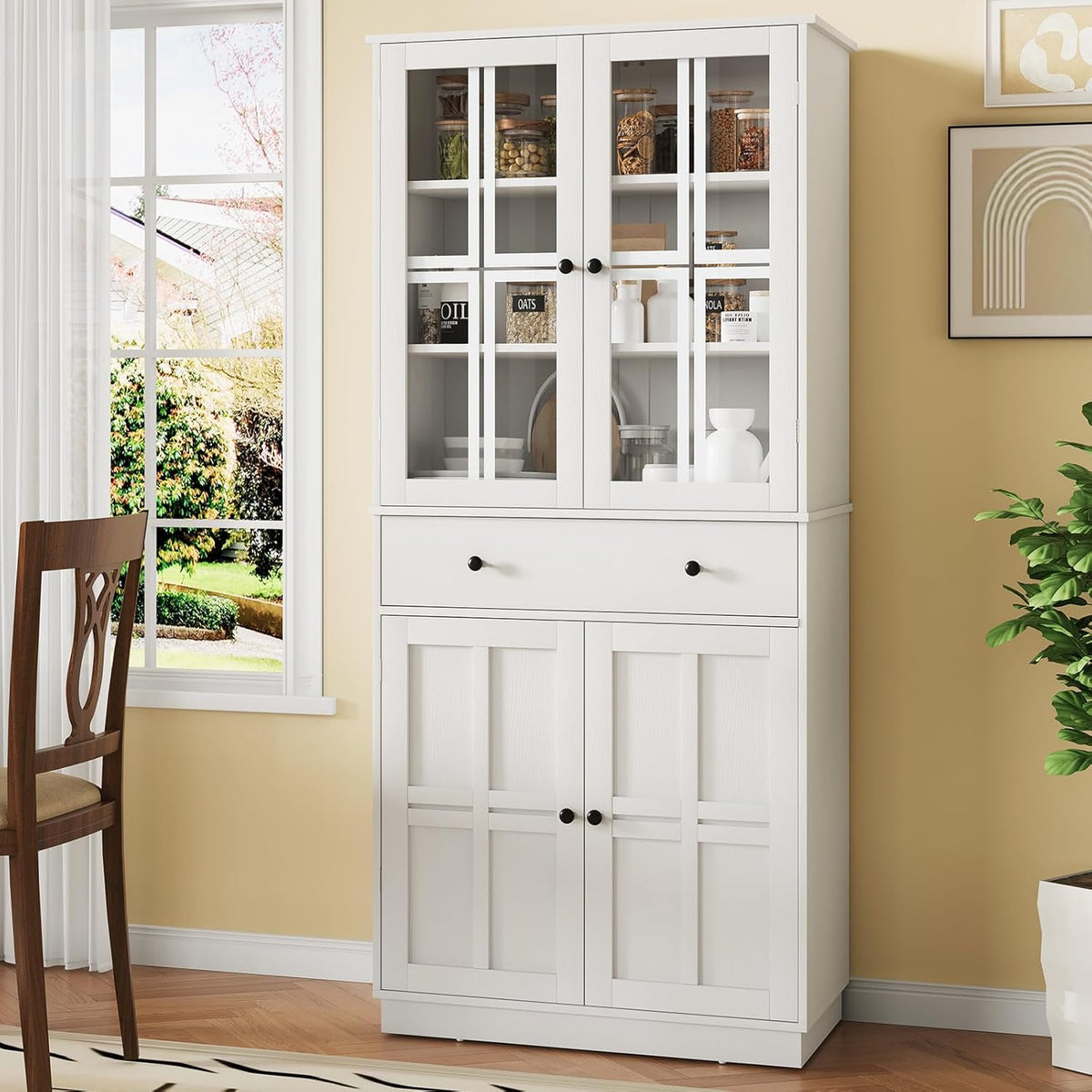 White Tall Pantry Cabinet with Glass Doors and 3 Adjustable Shelves W485